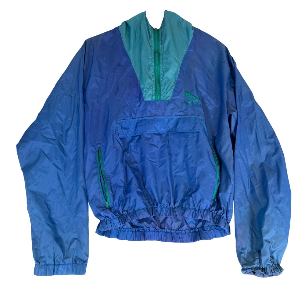 Vintage Puma Mens Blue Teal Half Zip Hooded Windbreaker Pullover Jacket Size M